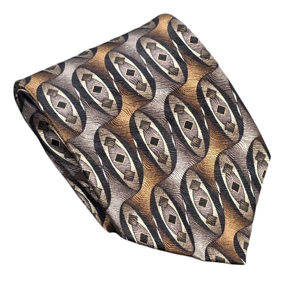 Louis Roth Silk Necktie Men's Brown Gold Grey Geometric Abstract Made in USA